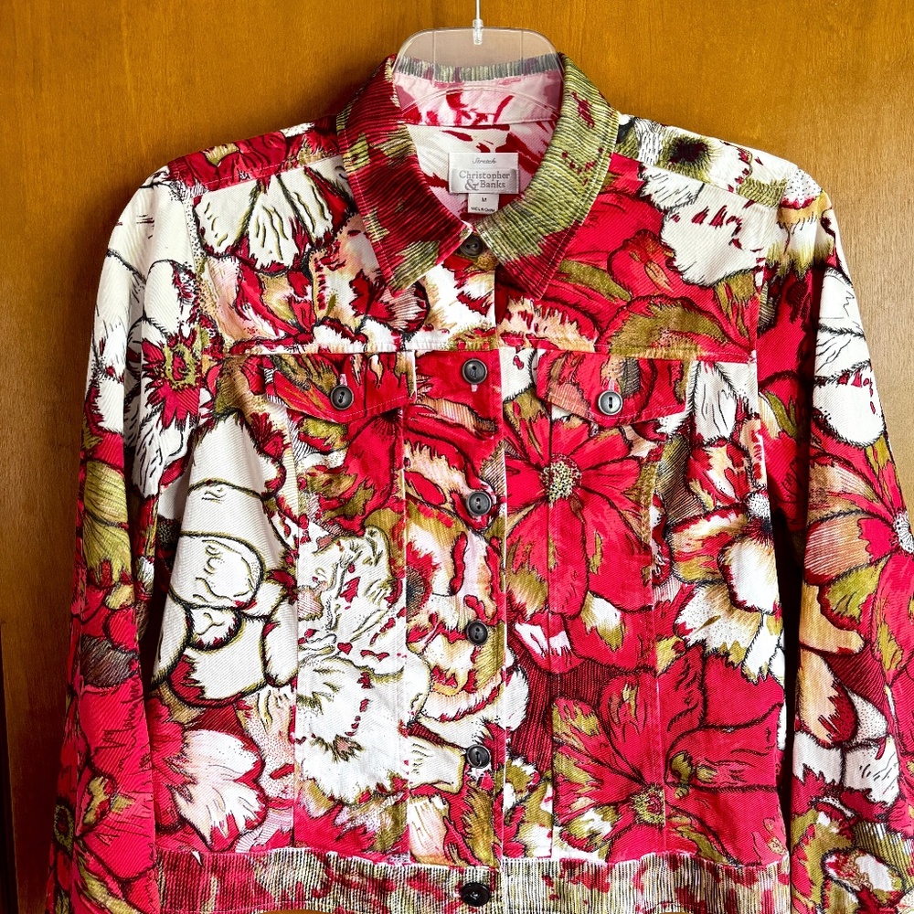 Flower Art Jean Jacket, size M, Stretch Cotton, Buttons